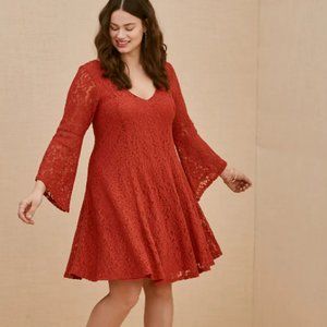 NWT Torrid Red Terracotta Lace  Bell Sleeve Fluted Mini Dress - 2
